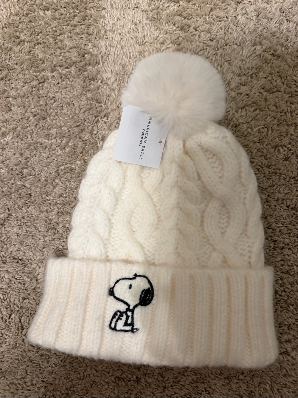 American Eagle Outfitters Cream Cable Knit Pom Beanie with Snoopy